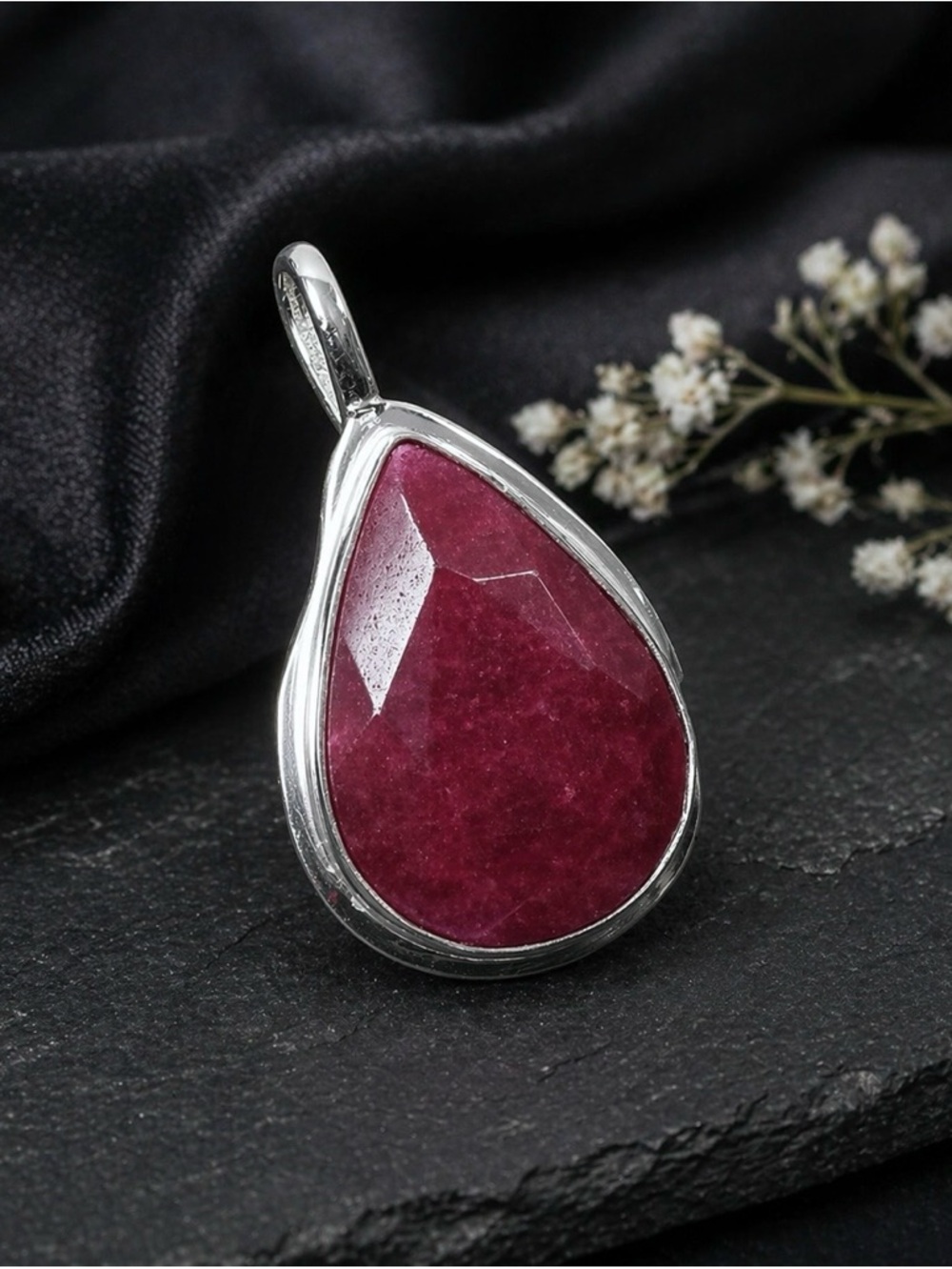 Teardrop Simulated Ruby Sterling Silver 2” Pendant
